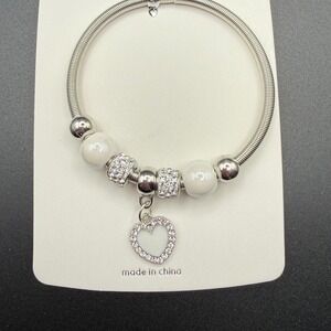 Silver Tone Heart Charm Bracelet White Beads‎ Rhinestone Bangle